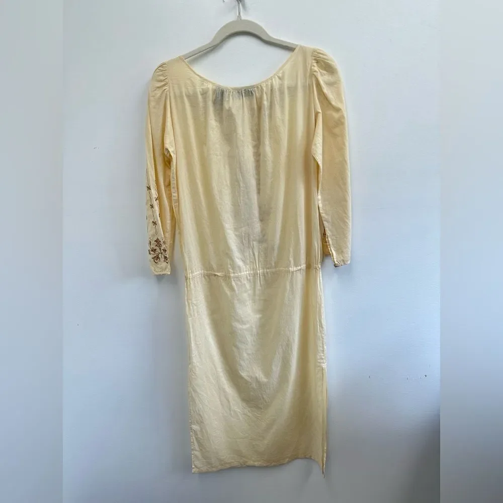 Vintage 90’s Express Beige Boho Embroidered Cotton Midi Long Sleeve Dress XS